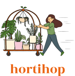 Woman wearing a green tshirt and dark slacks carts a luggage cart filled with plants. Text: Hortihop